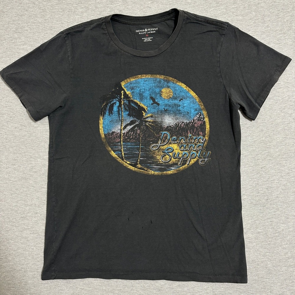 Denim & Supply Ralph Lauren Black Gray Tropical Graphic T-Shirt Tee Mens Medium